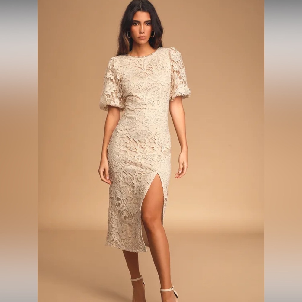 Lulus Candlelight Romance Cream Lace Puff Sleeve Midi Dress NWT